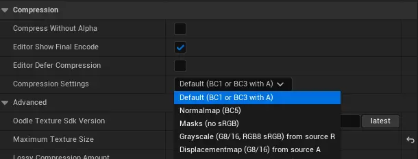 Compression panel in Unreal texture settings showing best option BC1 or BC3