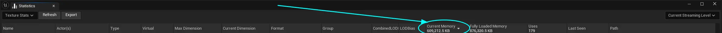 Circle and arrow are showing where to click to sort textures by memory used in Unreal Engine statistics