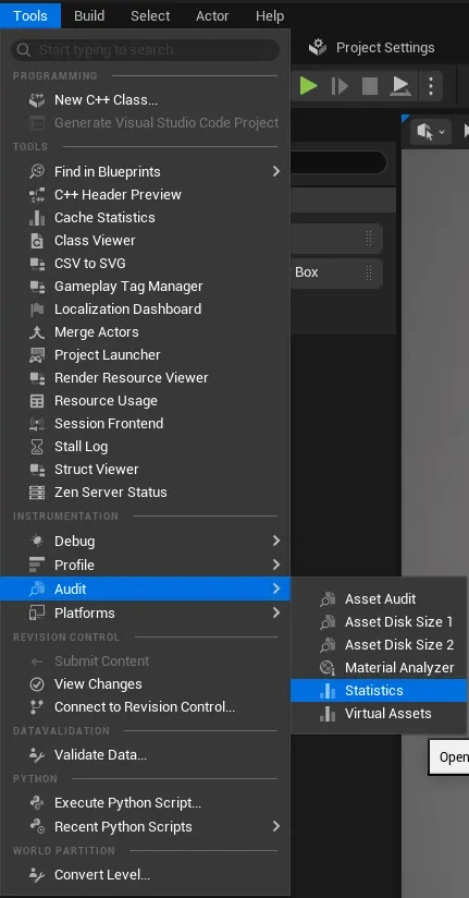Menu showing how to open audit statistics in Unreal Engine