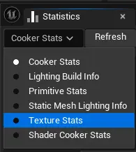 Screenshot showing how to open Texture Stats in Unreal audit statistics