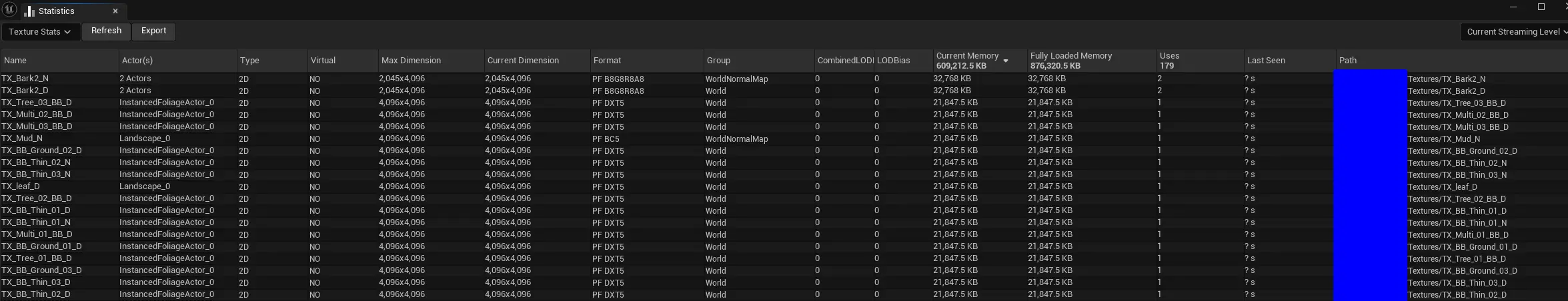Screenshot showing statistic window in unreal sorted by texture memory