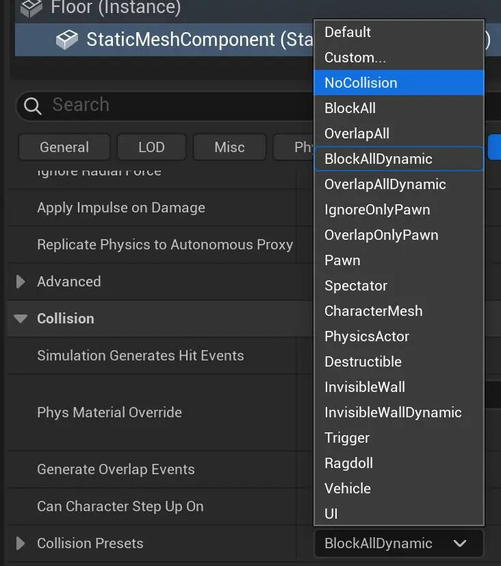 Collision Preset setting in Unreal Editor's details panel