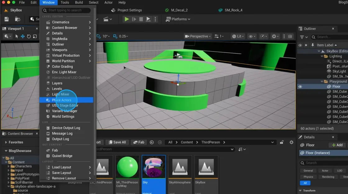 Place Actors option in the Window menu - it enables placing actors on Unreal scene