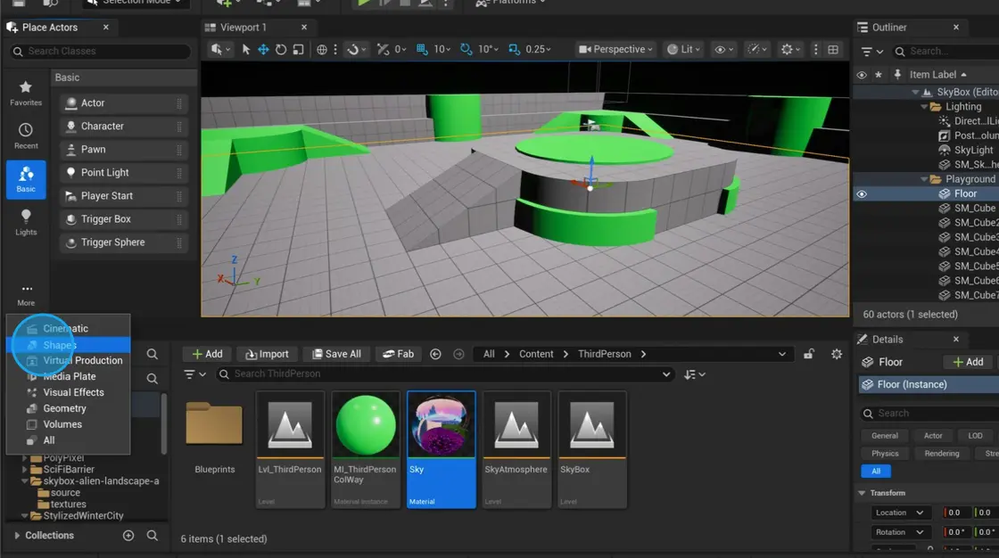 More option of place actors, with Shapes highlighted