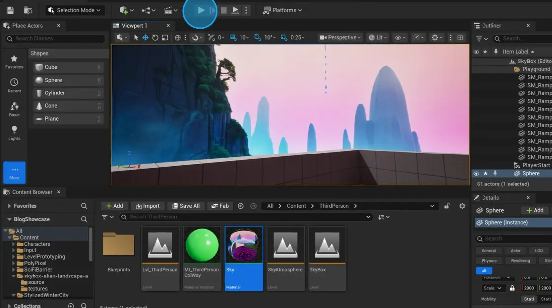 Screenshot from Unreal editor, with skybox sky visible in the the Viewport