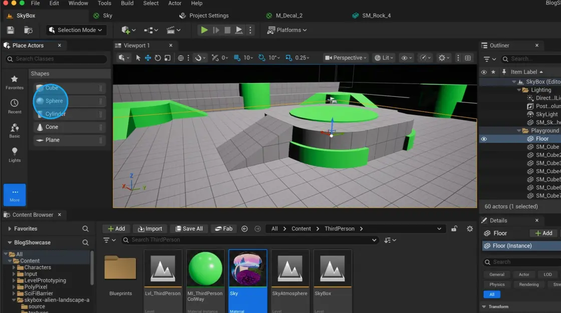 Sphere option in Place Actors window