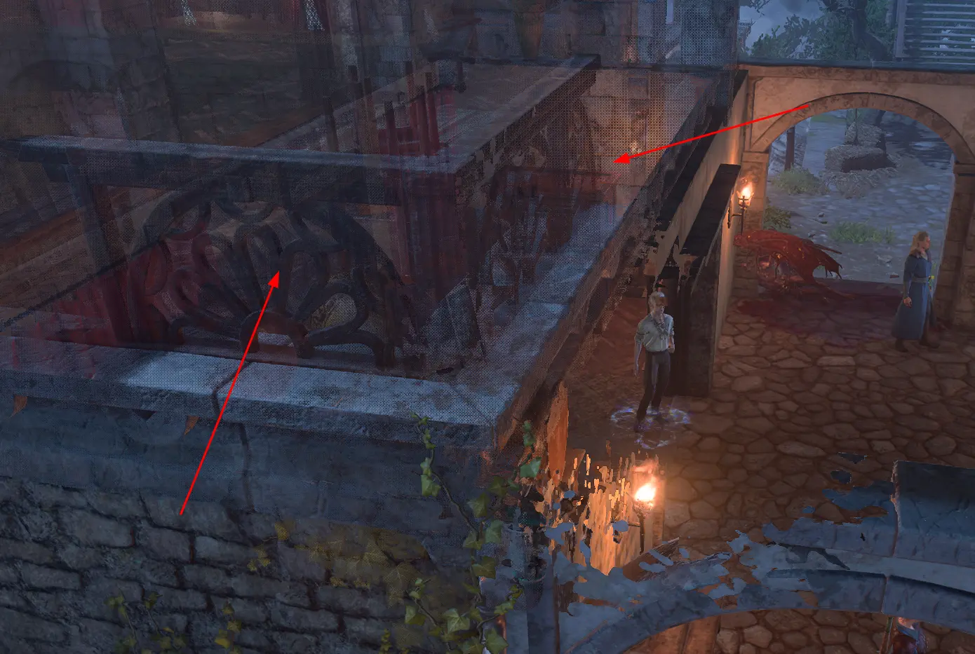 Red arrow shows dithering effect in Baldurs Gate 3