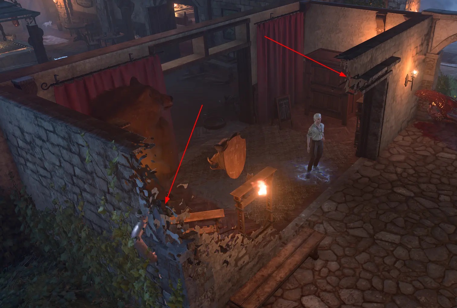 Red arrow is showing tranparent parts of wall in baldur gate